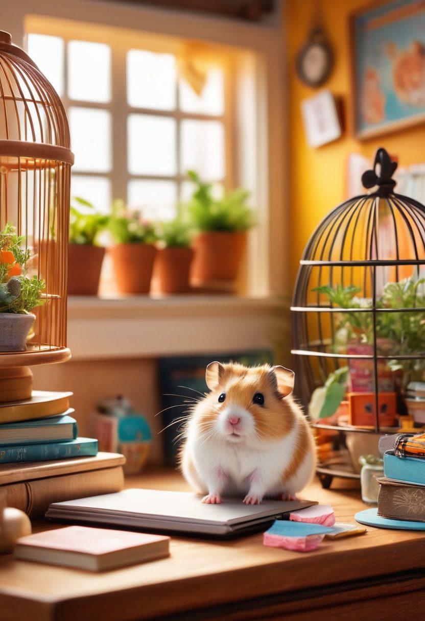 A whimsical scene depicting a cozy home office filled with hamster-themed decorations, featuring a curious hamster peeking out of a well-decorated cage. Surrounding the cage are colorful journals and pet care books, with a laptop open to a blog interface about hamsters. Sunlight filters through the window, creating a warm and inviting atmosphere. The background includes playful hamster illustrations and vibrant plants. cartoon style. bright colors. cozy ambiance.