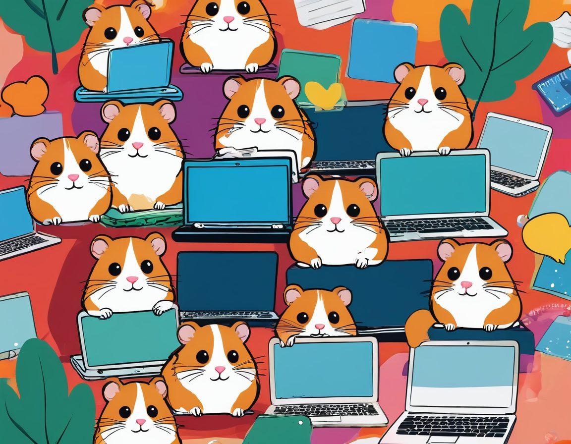 A colorful and lively illustration of a cozy virtual community where hamster lovers connect, featuring cartoon hamsters with big expressive eyes, happily typing on laptops surrounded by hamster-related decor. Include speech bubbles showcasing various hamster care tips and playful interactions between users. The background should feature a bright and inviting online chat interface. vibrant colors. cartoon style.
