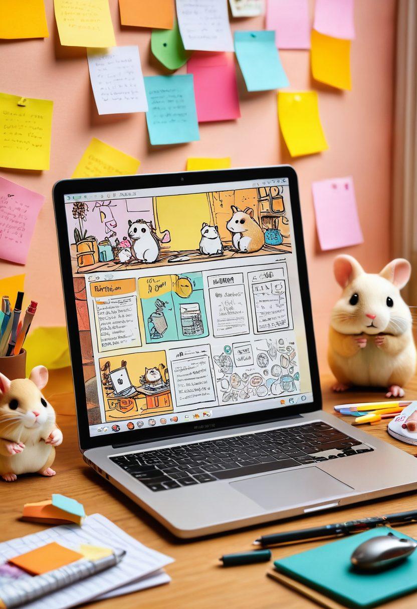 A cozy, whimsical digital diary interface open on a desk, featuring adorable, illustrated hamsters playing among colorful sticky notes and doodles. Soft light illuminates the scene, with family photos and hamster toys in the background, capturing a warm, inviting atmosphere. Include a laptop displaying a blog page with hamster stories and adventures. vibrant colors. cartoon style.